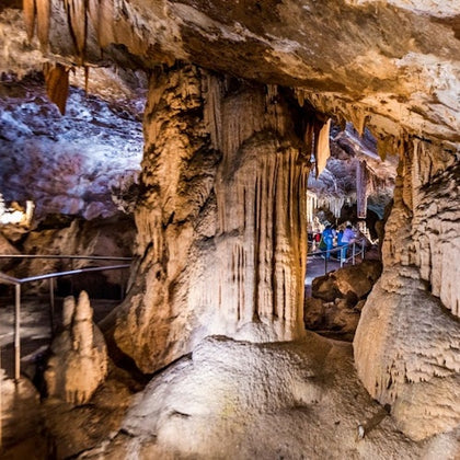 A group of people is walking through a cavern with large stalactites and stalagmites, illuminated by artificial lighting.