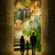 A family of three looks through an ornate doorway at a surreal scene of ancient monuments and lush foliage.