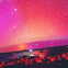 People seated and looking up at a planetarium dome displaying a vibrant, star-filled night sky with shades of red and purple.