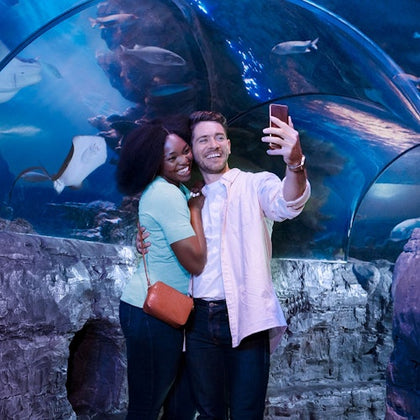 A couple hugging and taking a selfie inside an aquarium tunnel with various fish swimming overhead.