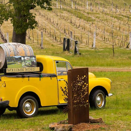 A yellow vintage truck in a vineyard with a barrel in its bed, a Wollombi Wines sign, and a decorative metal panel in the foreground.
