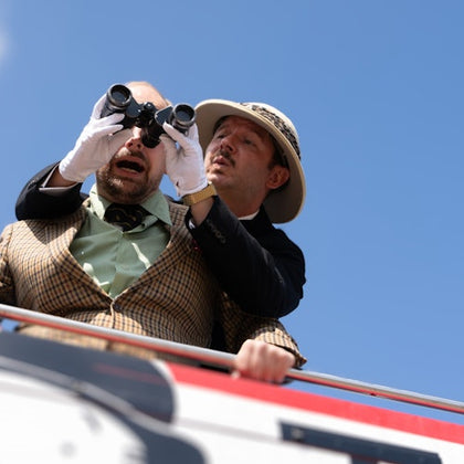 Our two splendid characters: The hapless aristocrat, Lord Larksford, and his ever-loyal butler-turned-tour guide, Cheeksworth
