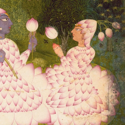 A stylized painting of two figures in a garden, dressed in lotus petal-like garments, holding and surrounded by flowers.