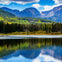 A serene mountain landscape with a forest and a lake, reflecting the trees and sky, under a partly cloudy blue sky.