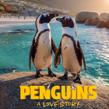 Two penguins on a rock near a turquoise sea with text "Penguins: A Love Story" overlaid on the image.