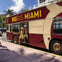 A couple steps off a red and beige tour bus labeled 'Big Bus Miami' on a sunny street with palm trees in the background.