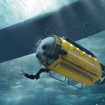 An underwater robot marked "ATLANTE" maneuvers beneath the surface, equipped with a camera and robotic arm.
