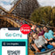 People riding a wooden rollercoaster with a smartphone screen showing a Go City pass for Los Angeles in the foreground.
