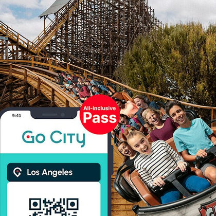 People riding a wooden rollercoaster with a smartphone screen showing a Go City pass for Los Angeles in the foreground.
