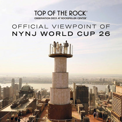 People standing on a tall observation platform overlooking a city skyline, with text promoting the "Top of the Rock."