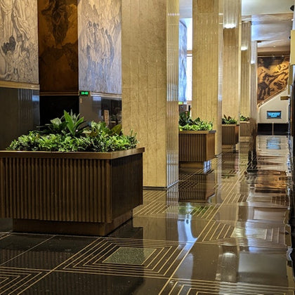 A polished lobby with potted plants, decorative walls, and reflective flooring, featuring a modern and elegant design.