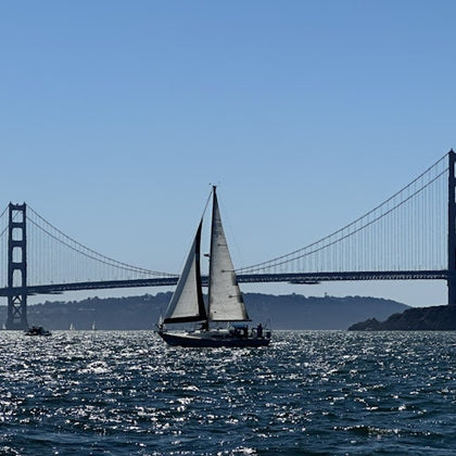 Sailboat crossing in front of the Golden Gate Bridge on San Francisco Bay