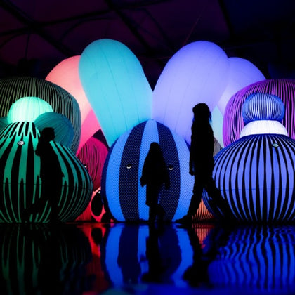 Silhouetted people walk among large glowing inflatable sculptures with colorful patterns in a dark exhibit space.