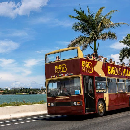 A double-decker tour bus labeled 'Big Bus Miami' drives along a road near water with palm trees in the background.