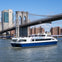 A NY Waterway ferry on the river with the Brooklyn Bridge and city buildings in the background under a clear sky.