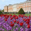 Bright red tulips and purple flowers in front of a large, historic brick building with white windows and ornate details.