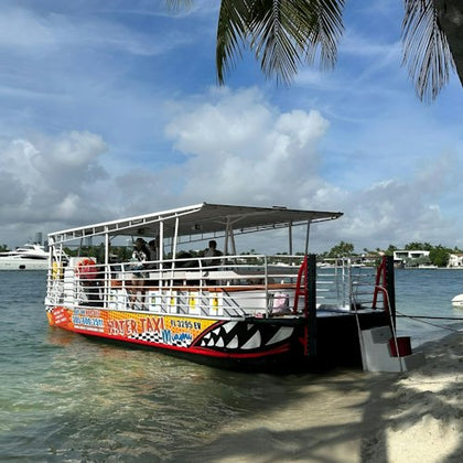 A colorful water taxi, with passengers on board, docked on a sandy shore under a sunny, partly cloudy sky, with palm trees overhead.