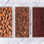 Three sections display cocoa beans, cocoa nibs, and a chocolate bar with the word 'Raaka' embossed, on a marble surface.