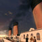 People walking and interacting on the deck of a ship with large orange smokestacks, under a cloudy sky with seagulls flying.