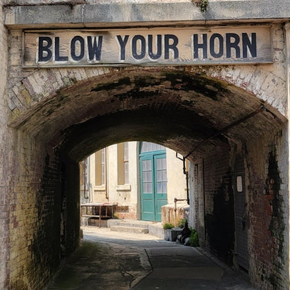 A narrow brick archway with a sign reading 'Blow Your Horn' leads to a courtyard with a green door and outdoor items.