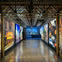 A corridor with illuminated cityscape photos on both walls, leading to a room with a city skyline visible through the window.