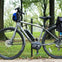 A silver electric bicycle with black accessories is locked to a post in a park with grass and trees in the background.