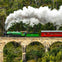 A green steam train with red passenger cars crossing a stone bridge in a forested area, emitting white smoke.