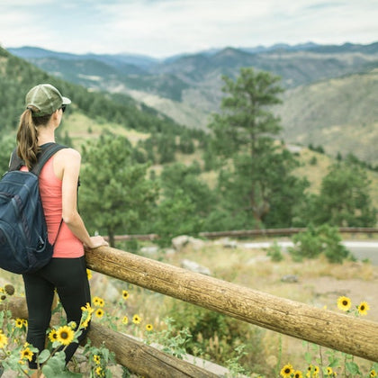 A person with a backpack and cap stands by a wooden fence, overlooking a scenic mountainous landscape with trees and flowers.