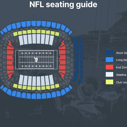 Diagram of an NFL stadium seating guide showing short side, long side, end zone, sideline, and club level sections in different colors.