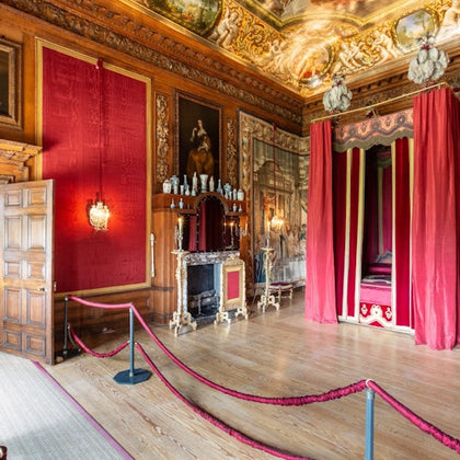 Ornate room with a canopy bed, fireplace, intricate wall and ceiling art, lavish red drapes, and a rope barrier.