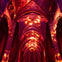 An illuminated cathedral ceiling with vibrant red and orange lighting effects creating a dramatic atmosphere.