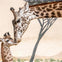 A mother giraffe nuzzling her calf against a backdrop of a painted savanna scene with trees and grassland.