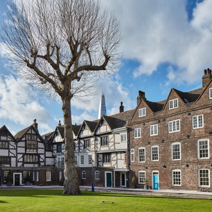 A courtyard with a large leafless tree, surrounded by historic buildings, with the Shard visible in the background.