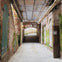 An old brick alleyway with moss-covered walls, a wooden door, and an arched exit leading to a brighter area.