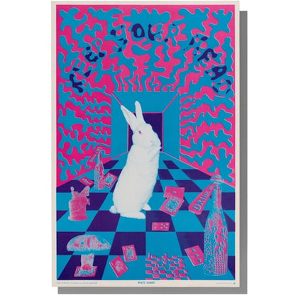 A psychedelic poster featuring a white rabbit, a checkered floor, and surreal pink and blue elements with text "Keep Your Head."