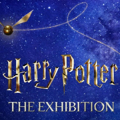 Golden snitch and text 'Harry Potter The Exhibition' on a starry blue background.