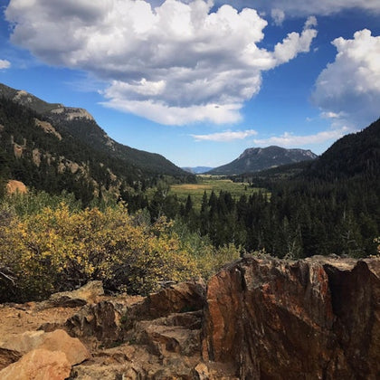 A scenic landscape featuring rocky foreground, lush forested valley, distant mountains, and a partly cloudy blue sky.
