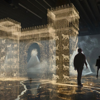 A digital representation of a castle gate with illuminated outlines and animal figures, viewed by two people in a dark room.