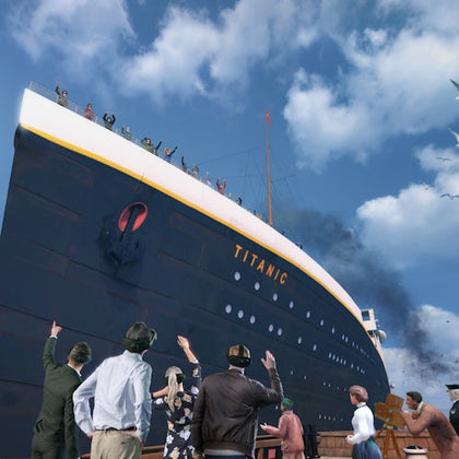 Large ship named "TITANIC" with people on deck and on the dock below, pointing and waving. Blue sky with scattered clouds in the background.