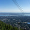 Aerial view of a cityscape with a forested hillside, power lines, and a body of water under a clear blue sky.