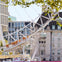 Urban scene with part of a Ferris wheel, glass capsules, modern buildings, and lush green trees. Boat on the river in the foreground.