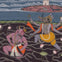 A traditional painting depicts a boar-headed deity confronting a demon in a lotus pond, with a landscape in the background.