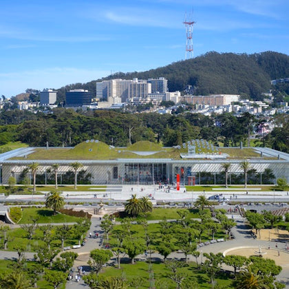 Exterior of California Academy of Sciences building in Golden Gate Park.