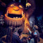 A family of four interacts with a large statue of a grinning monster reaching for a mouse in a forest-themed setting.