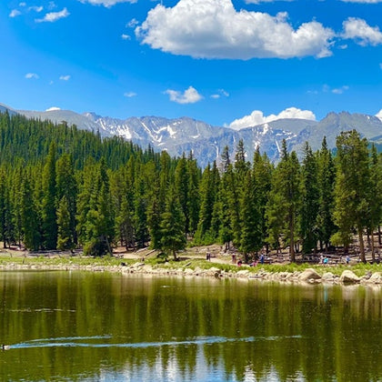 A serene mountain lake surrounded by pine trees with snow-capped peaks in the background under a bright blue sky.