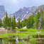 A tranquil alpine scene with a pond, green vegetation, evergreen trees, and tall rocky mountains in the background.