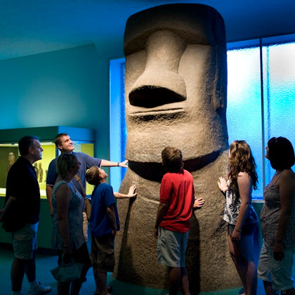 A group admiring an Easter Island moai inside the American Museum of Natural History in New York.
