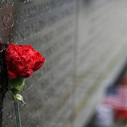A red carnation rests against a wall engraved with names, with an American flag visible in the blurred background.
