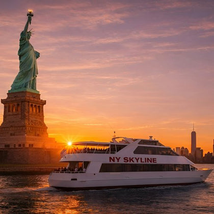 A sightseeing boat labeled 'NY Skyline' passes by the Statue of Liberty at sunset, with a cityscape visible in the background.