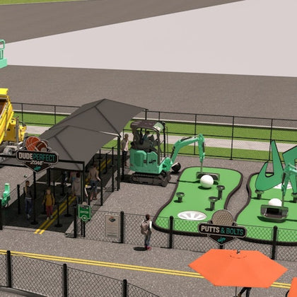 A themed entertainment area featuring a basketball zone, mini excavators, and a mini-golf course with a green design.